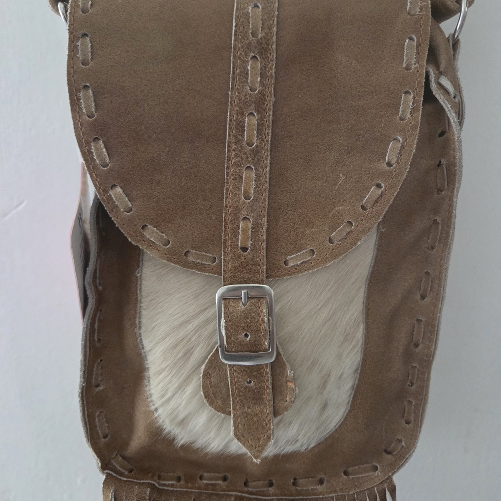 Cross Body Brown Leather and Pony Bag with Fringe